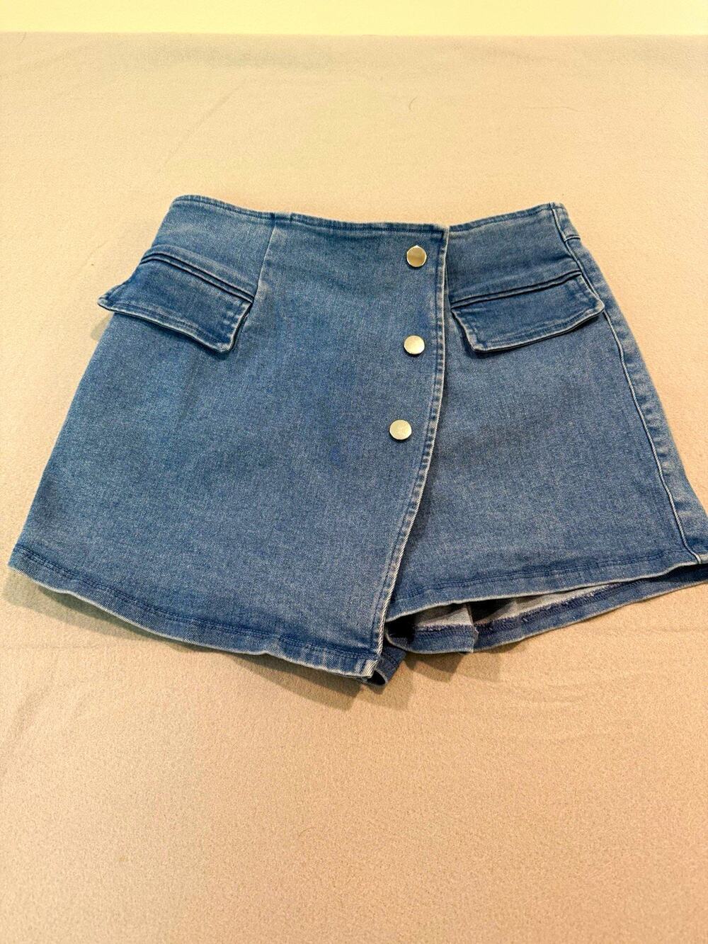TIMING Women’s Blue Denim Skort M High Rise Button Front Pockets Medium Wash